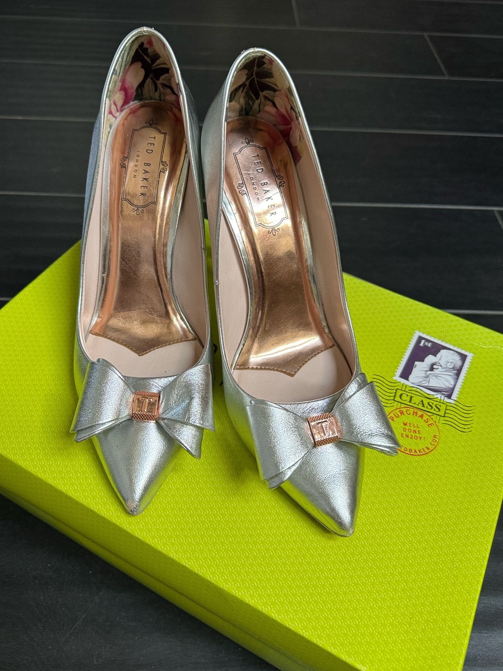 Ted Baker Metallic Silver Pointed Toe Bow Heels